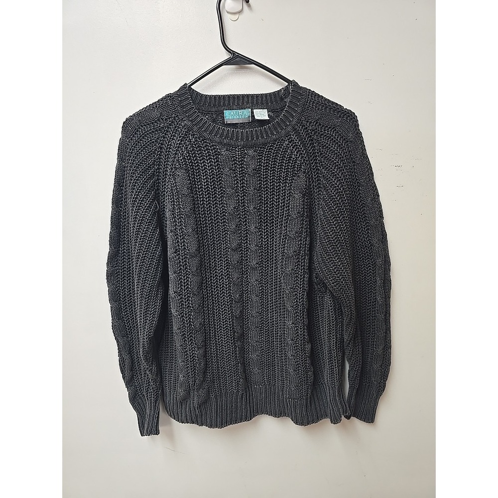 VTG Laura Peterson Cable Knit Sweater M Black Ramie Cotton Chunky 90s Y2K Grunge